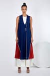 Madder Much_Blue Handloom Cotton V-neck, Round Nara Panelled Island Jacket And Jumpsuit Set _at_Aza_Fashions