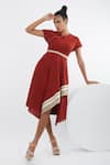 Buy_Madder Much_Red 100% Handloom Cotton Handspun V Neck Sumi Asymmetric Trapeze Dress _at_Aza_Fashions