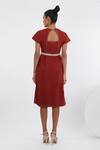 Shop_Madder Much_Red 100% Handloom Cotton Handspun V Neck Sumi Asymmetric Trapeze Dress _at_Aza_Fashions