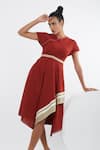 Madder Much_Red 100% Handloom Cotton Handspun V Neck Sumi Asymmetric Trapeze Dress _Online_at_Aza_Fashions