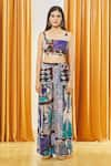 LABEL SHRISTI CHETANI_Blue Crepe Printed Geometric Cape Open And Flared Pant Set _at_Aza_Fashions