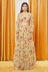 Label Shristi Chetani_Beige Georgette, Taffeta, Net Embroidery V-neck Florette Print Lehenga Set _at_Aza_Fashions