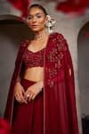Charu and Vasundhara_Maroon Cape And Skirt Organza Embroidery Cutdana Lauren Floral Applique Set_Online_at_Aza_Fashions