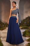 Buy_Charu and Vasundhara_Blue Blouse Net Hand Embroidered Pearl One Shoulder Neck Leila And Skirt Set _at_Aza_Fashions