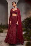 Buy_Charu and Vasundhara_Maroon Net Hand Embroidered Leaf Applique Sweetheart Neck Lucia Lehenga Set _at_Aza_Fashions