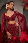 Charu and Vasundhara_Maroon Net Hand Embroidered Leaf Applique Sweetheart Neck Lucia Lehenga Set _Online_at_Aza_Fashions