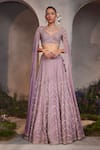 Buy_Charu and Vasundhara_Purple Net Hand Embroidered Stone V Neck Lisa Lehenga And Blouse Set _at_Aza_Fashions