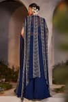 Shop_Charu and Vasundhara_Blue Kimono And Skirt Organza Embroidery Thread Cape Open Leia Scallop Set_at_Aza_Fashions