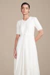 AMPM_Ivory Thick Wool Embroidered Rib Textured Round Dress With Belt _Online_at_Aza_Fashions