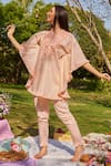 Buy_NIMA FASHIONS_Peach Linen Embroidered Thread And Cut Dana Work Frill Yoke Kaftan & Pant Set _at_Aza_Fashions