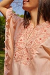 NIMA FASHIONS_Peach Linen Embroidered Thread And Cut Dana Work Frill Yoke Kaftan & Pant Set _Online_at_Aza_Fashions