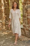 Buy_NIMA FASHIONS_White Georgette Hand Embroidered Thread V Neck And Pearl Kaftan _Online_at_Aza_Fashions