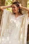 NIMA FASHIONS_White Georgette Hand Embroidered Thread V Neck And Pearl Kaftan _at_Aza_Fashions