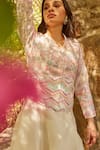 Buy_NIMA FASHIONS_White Organza Hand Embroidered Thread And Pearl Work V Neck Jacket & Skirt Set _Online_at_Aza_Fashions