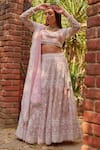 Buy_NIMA FASHIONS_Pink Georgette Hand Embroidered Mirror Round Neck Floral Pearl Lehenga Set _at_Aza_Fashions