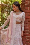 Shop_NIMA FASHIONS_Pink Georgette Hand Embroidered Mirror Round Neck Floral Pearl Lehenga Set _at_Aza_Fashions