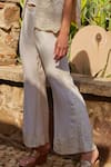 NIMA FASHIONS_White Organza Hand Embroidered Mirror Cape Mandarin Collar Pearl Pant Set _Online_at_Aza_Fashions