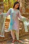 Buy_NIMA FASHIONS_Multi Color Net Tie-dyed And Hand Embroidered Abstract Pearl Yoke Kurta Set _at_Aza_Fashions