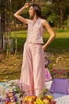 Buy_NIMA FASHIONS_Pink Chanderi Embellished Pearl V Neck Top And Flared Pant Set _at_Aza_Fashions