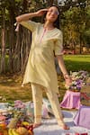 Buy_NIMA FASHIONS_Yellow Linen Embellished Pipe Notched Thread Kurta And Pant Set _at_Aza_Fashions