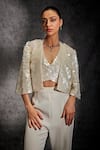 Shop_Studio22 By Pulkita Arora Bajaj_White Organza, Crepe Sequins Open Neck Embellished Jacket Pant Set _at_Aza_Fashions