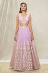 Alaya Advani_Purple Silk Blend Embroidered Gota Plunging Bead And Lehenga Set_Online_at_Aza_Fashions