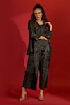 Shop_Crimp_Black 100% Polyester V Neck Metallic Flared Top And Pant Set _Online_at_Aza_Fashions