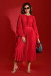 Buy_Crimp_Red 100% Polyester Round Pleated Kaftan Dress With Belt _at_Aza_Fashions