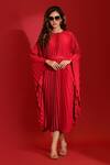 Shop_Crimp_Red 100% Polyester Round Pleated Kaftan Dress With Belt _at_Aza_Fashions