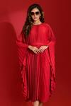 Crimp_Red 100% Polyester Round Pleated Kaftan Dress With Belt _Online_at_Aza_Fashions