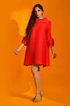 Shop_Crimp_Red Polyester Pearls Turtle Neck Work Dress_at_Aza_Fashions