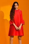 Crimp_Red Polyester Pearls Turtle Neck Work Dress_Online_at_Aza_Fashions