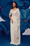 Buy_Zoon_Ivory Soft Georgette Embroidered Sequin Floral Pre-draped Saree With Blouse _at_Aza_Fashions