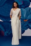 Zoon_Ivory Soft Georgette Embroidered Sequin Floral Pre-draped Saree With Blouse _at_Aza_Fashions