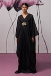 Zoon_Black Kaftan Soft Georgette Embroidered Floral Applique V-neck Embellished _at_Aza_Fashions