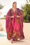 Buy_Zariaah_Purple Chiffon, Viscose Crystals V-neck And Pink Embellished Kaftan With Cape _at_Aza_Fashions