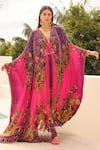 Zariaah_Purple Chiffon, Viscose Crystals V-neck And Pink Embellished Kaftan With Cape _Online_at_Aza_Fashions