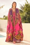 Buy_Zariaah_Purple Chiffon, Viscose Crystals V-neck And Pink Embellished Kaftan With Cape _Online_at_Aza_Fashions