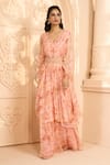 Buy_Aariyana Couture_Peach Bustier Modal Satin Printed Floral Patterns Kaftan V Kurta And Skirt Set _at_Aza_Fashions