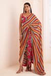 Buy_AFFROZ_Pink Viscose Crepe Print Stripe Sweetheart Neck Pre-draped Saree With Blouse _at_Aza_Fashions