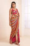 AFFROZ_Pink Viscose Crepe Print Stripe Sweetheart Neck Pre-draped Saree With Blouse _Online_at_Aza_Fashions