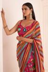 Shop_AFFROZ_Pink Viscose Crepe Print Stripe Sweetheart Neck Pre-draped Saree With Blouse _Online_at_Aza_Fashions