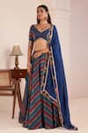 Buy_AFFROZ_Blue Viscose Crepe Print Stripe V Neck Band Lehenga Blouse Set _at_Aza_Fashions