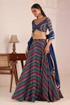 Buy_AFFROZ_Blue Viscose Crepe Print Stripe V Neck Band Lehenga Blouse Set _Online_at_Aza_Fashions