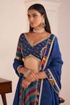 Shop_AFFROZ_Blue Viscose Crepe Print Stripe V Neck Band Lehenga Blouse Set _Online_at_Aza_Fashions