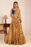 AFFROZ_Yellow Viscose Crepe Print Ikkat Bloom Cowl Neck Lehenga Saree With Blouse _Online_at_Aza_Fashions