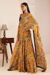 Buy_AFFROZ_Yellow Viscose Crepe Print Ikkat Bloom Cowl Neck Lehenga Saree With Blouse _Online_at_Aza_Fashions