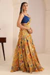 Shop_AFFROZ_Yellow Viscose Crepe Print Ikkat Bloom Cowl Neck Lehenga Saree With Blouse _Online_at_Aza_Fashions