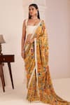 Buy_AFFROZ_Yellow Viscose Crepe Print Ikkat Blossom Sweetheart Motif Saree With Blouse _at_Aza_Fashions