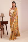 AFFROZ_Yellow Viscose Crepe Print Ikkat Blossom Sweetheart Motif Saree With Blouse _Online_at_Aza_Fashions